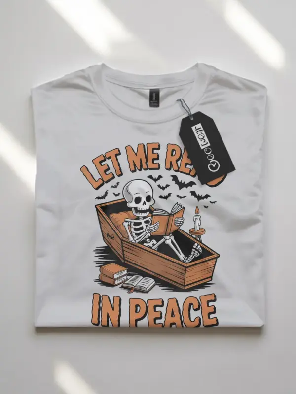 white flatlay shirt – vintage skeleton reader look – skeleton reading t-shirt