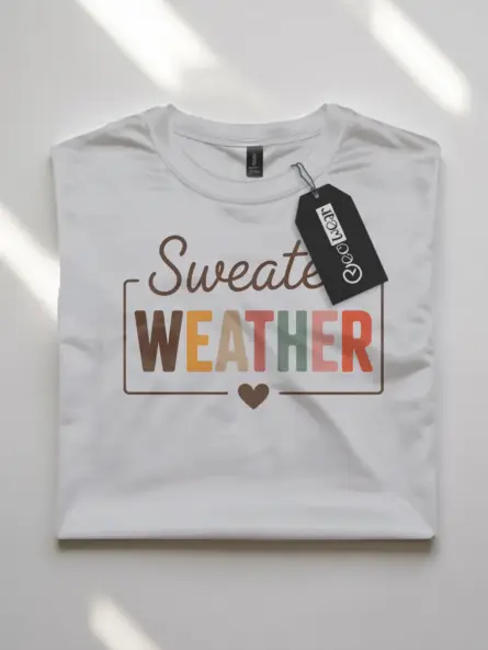 white flatlay – comfy fall themed tee – cozy sweater weather shirt