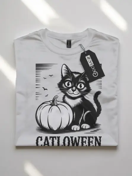 White front view – Catloween black cat design vintage cat Halloween shirt