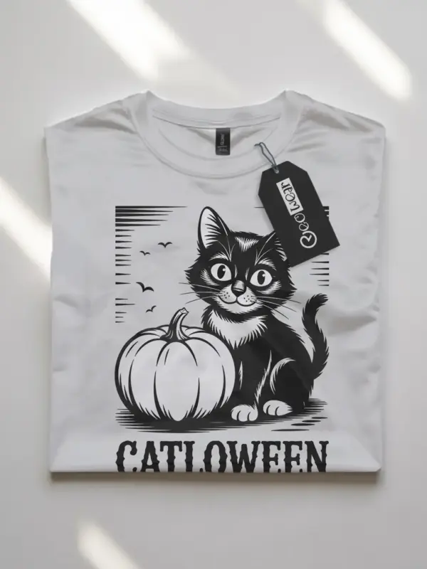 White front view – Catloween black cat design vintage cat Halloween shirt