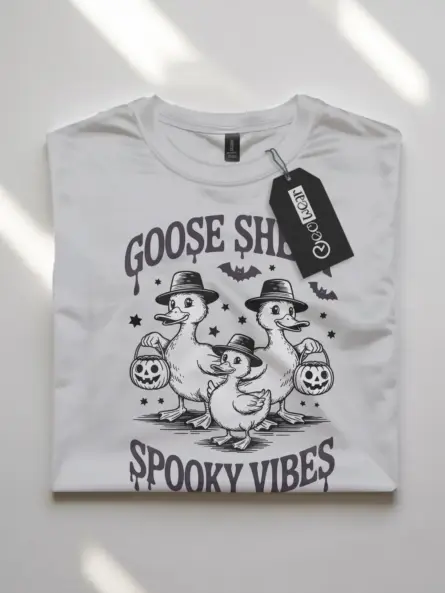 front – funny goose Halloween shirt in white flatlay front view