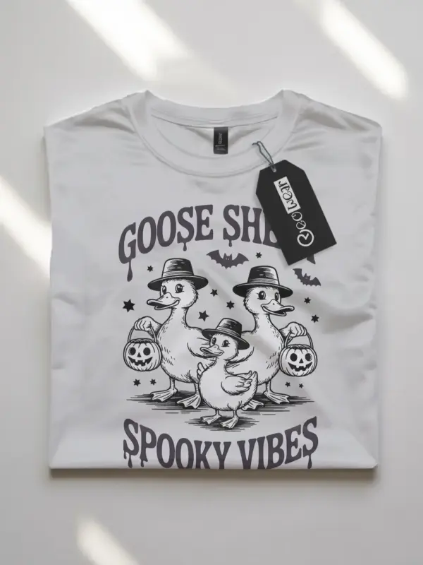 front – funny goose Halloween shirt in white flatlay front view