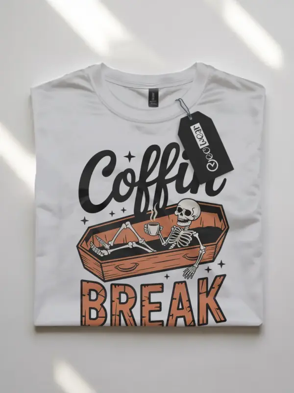 white flatlay Coffin Break design skeleton coffee Halloween shirt
