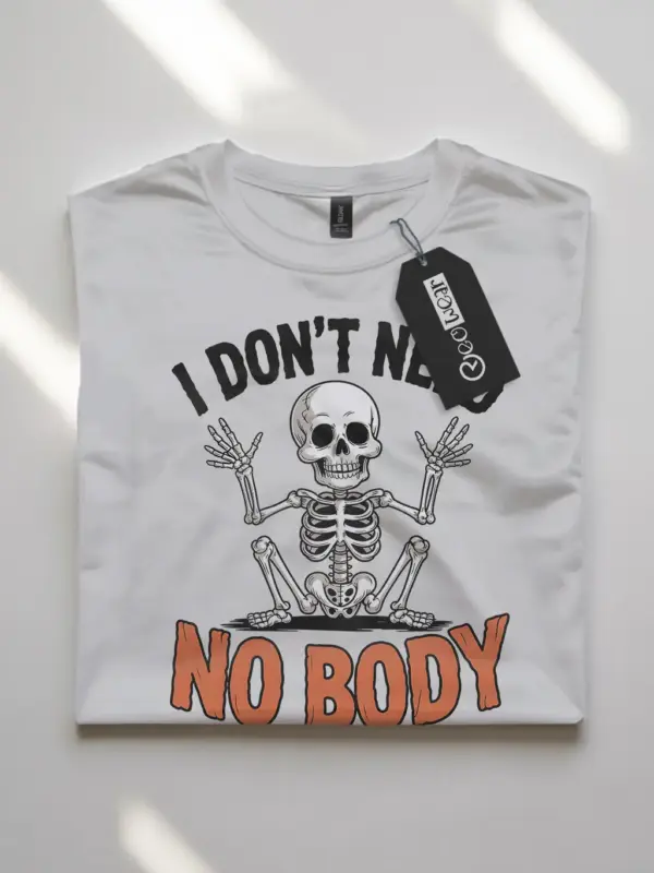 White front view – I Don’t Need No Body funny skeleton pun t-shirt white