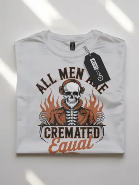 White front view – All Men Are Cremated Equal gothic skeleton t-shirt