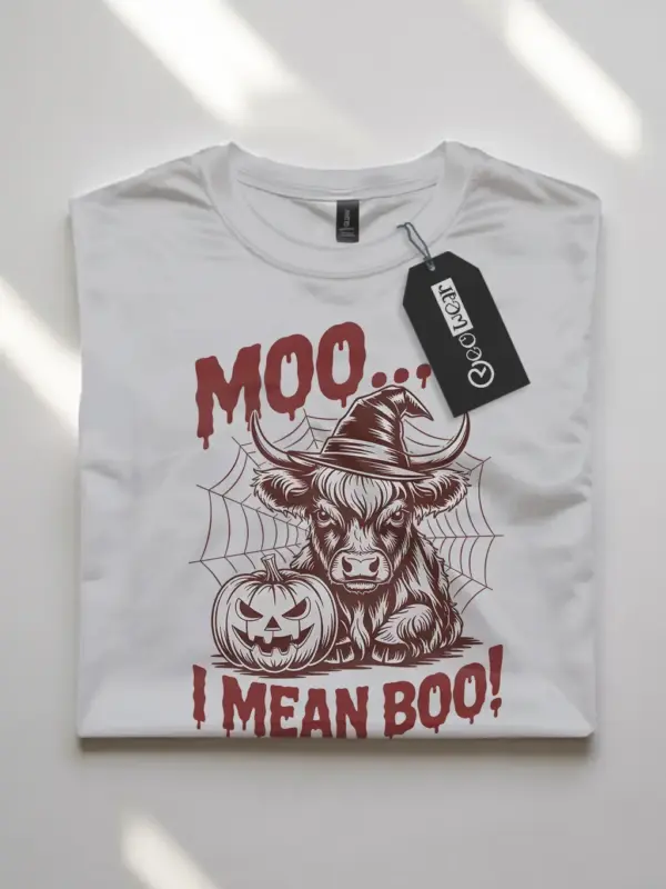 White front view – Moo I Mean Boo highland cow Halloween shirt
