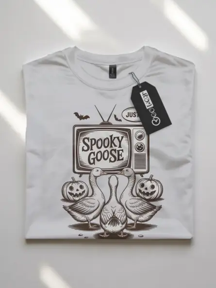 white flatlay front – quirky spooky goose Halloween t-shirt with jack-o’-lanterns