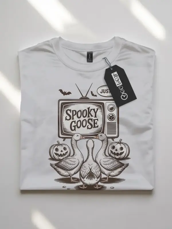 white flatlay front – quirky spooky goose Halloween t-shirt with jack-o’-lanterns