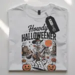 White front view – Howdy Halloweener cowboy skeleton Halloween shirt white