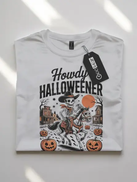 White front view – Howdy Halloweener cowboy skeleton Halloween shirt white