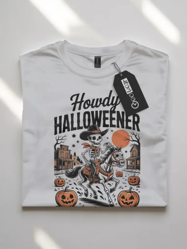 White front view – Howdy Halloweener cowboy skeleton Halloween shirt white