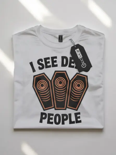 white flatlay I See Dead People Coffin Halloween T-Shirt – spooky coffin graphic tee