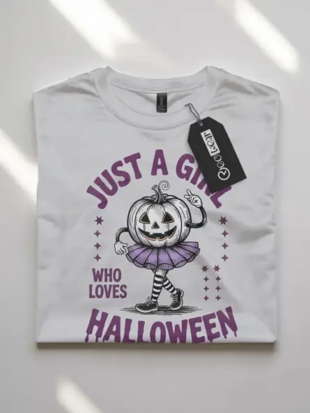 white flatlay front – playful text and design cute pumpkin girl Halloween t-shirt