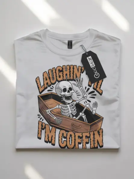 white flatlay resting in pieces skeleton tee – funny coffin halloween shirt