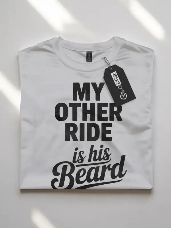 white flatlay front view my other ride is his beard shirt bold women’s tee