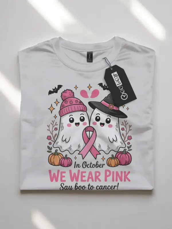 white flatlay – breast cancer walk tee – pink ghost breast cancer shirt