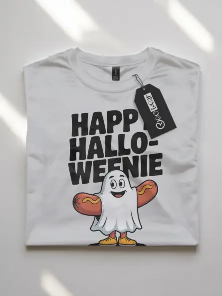Playful Happy Halloweenie T-Shirt – Hot Dog Ghost Fun - Image 10