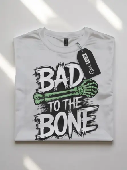 white flatlay front – Bad to the Bone graphic punk skeleton Halloween t-shirt