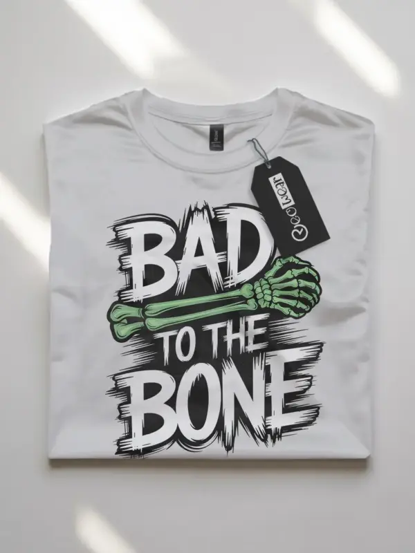 white flatlay front – Bad to the Bone graphic punk skeleton Halloween t-shirt