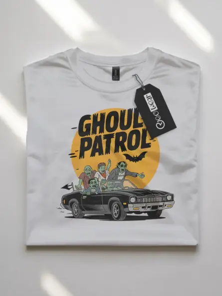 white flatlay Ghoul Patrol Shirt – Retro Zombie Car T-Shirt