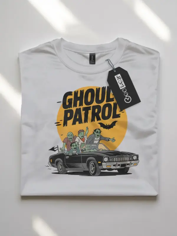 white flatlay Ghoul Patrol Shirt – Retro Zombie Car T-Shirt
