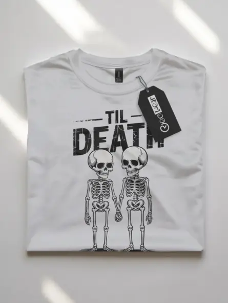 white flatlay front view – Til Death artwork gothic skeleton couple t-shirt