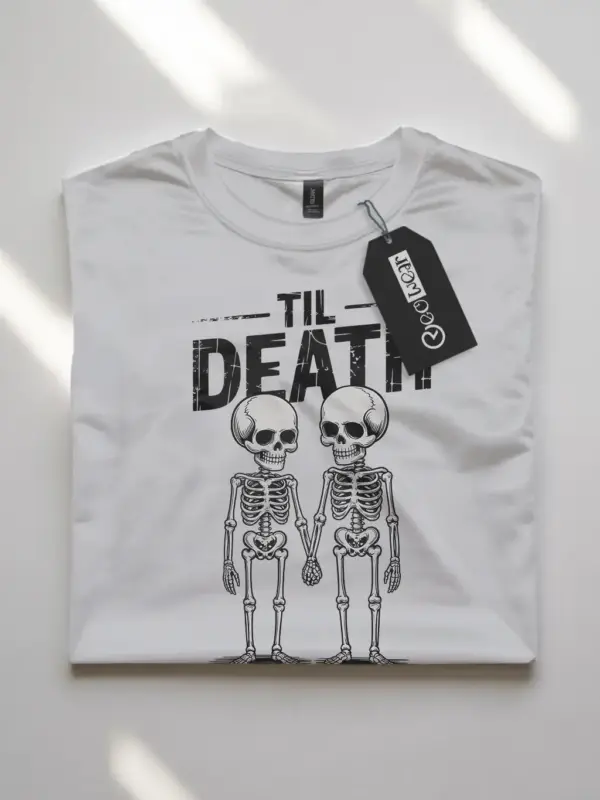 white flatlay front view – Til Death artwork gothic skeleton couple t-shirt