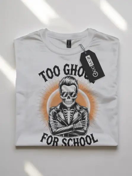 white flatlay – Too Ghoul for School funny skeleton biker t-shirt