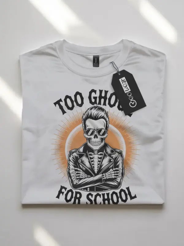 white flatlay – Too Ghoul for School funny skeleton biker t-shirt