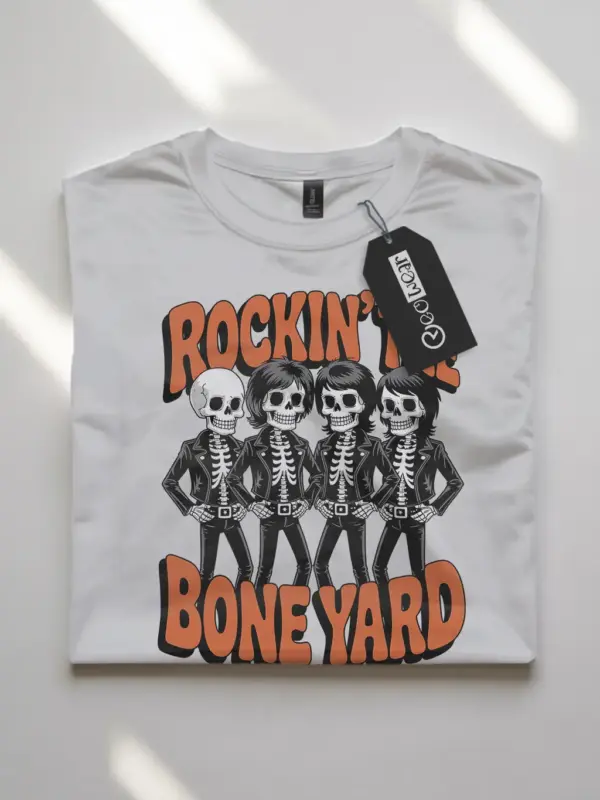 white flatlay Shirt Front View – Rockin the Bone Yard Vintage Skeleton Rock Band T-Shirt