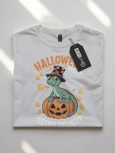 shirt front view - gecko on pumpkin - gecko halloween t-shirt