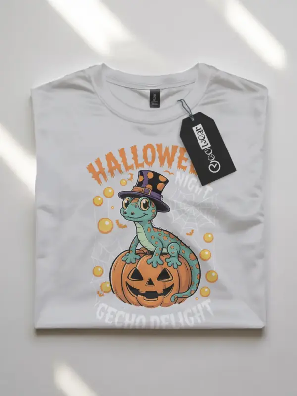 shirt front view - gecko on pumpkin - gecko halloween t-shirt