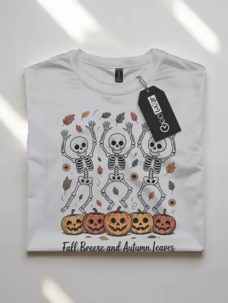 Whimsical Dancing Skeleton Fall Shirt – Cozy Autumn Leaves Tee - Image 10