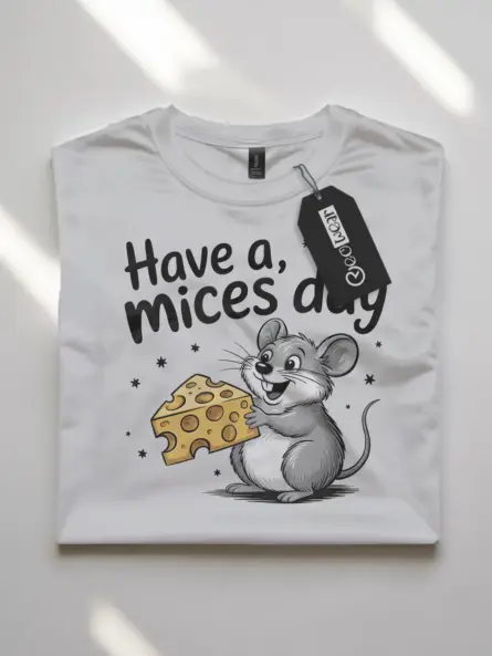 Front View white flatlay Have a Mices Day funny mouse pun t-shirt