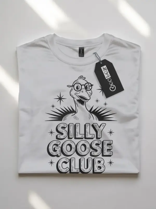 white flatlay lifestyle silly goose club shirt for quirky adults