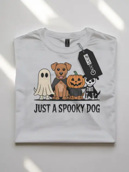 white flatlay front – Spooky Dog Group Tee – spooky dog halloween t-shirt