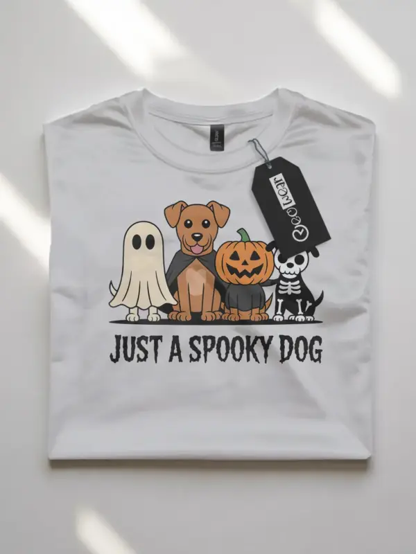 white flatlay front – Spooky Dog Group Tee – spooky dog halloween t-shirt