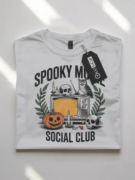 white flatlay spooky movie social club t-shirt front view – vintage horror tee with owl and TV