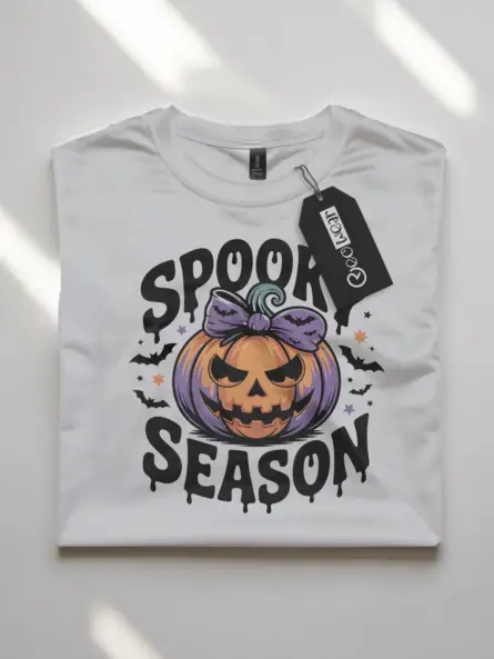 white flatlay Front view white flatlay Shirt spooky season pumpkin t-shirt for fall Halloween outfit