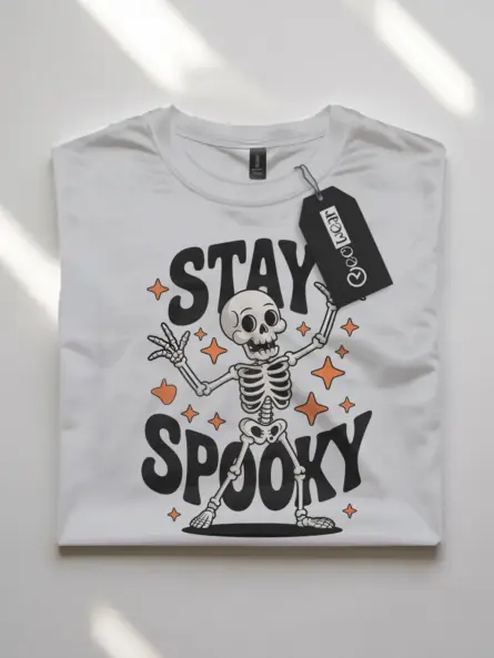 white flatlay front – Stay Spooky skeleton shirt with dancing bones