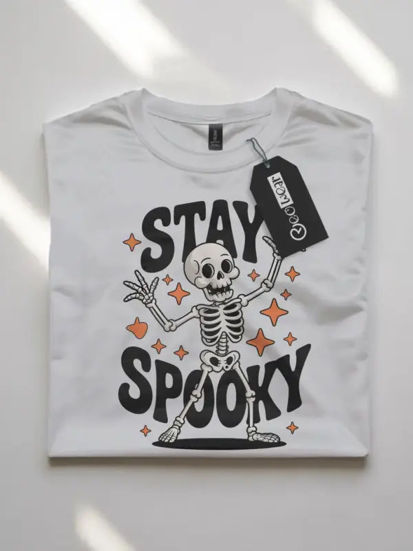 white flatlay front – Stay Spooky skeleton shirt with dancing bones