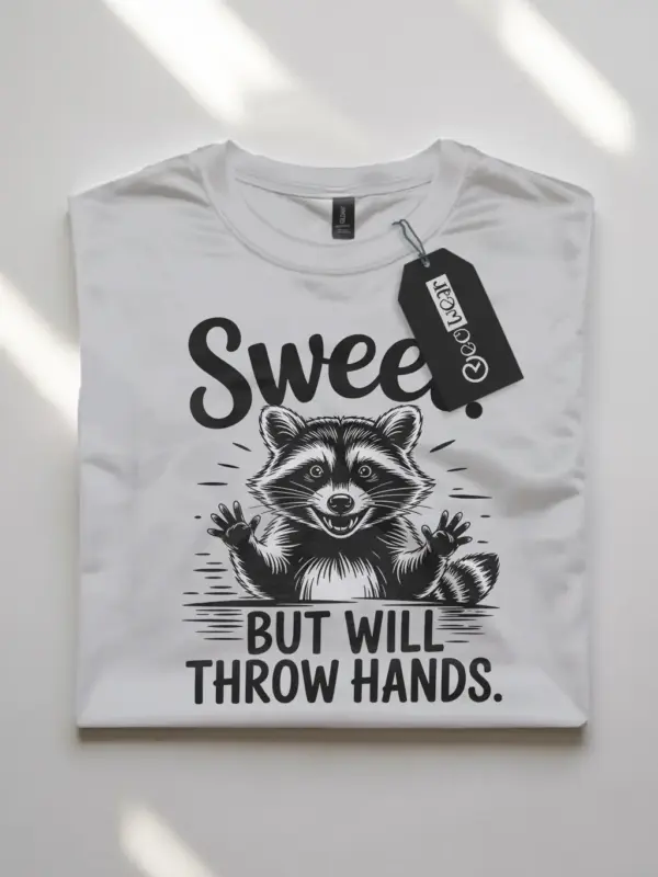 white flatlay Sweet But Will Throw Hands Shirt front print of raccoon