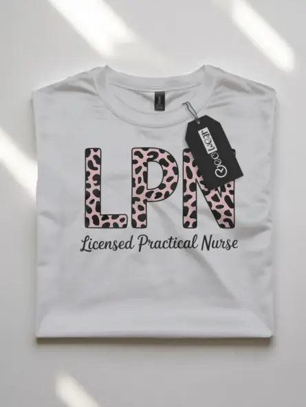 white leopard print lpn shirt front view with nurse phrase
