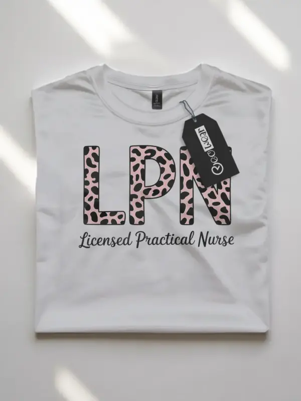 white leopard print lpn shirt front view with nurse phrase