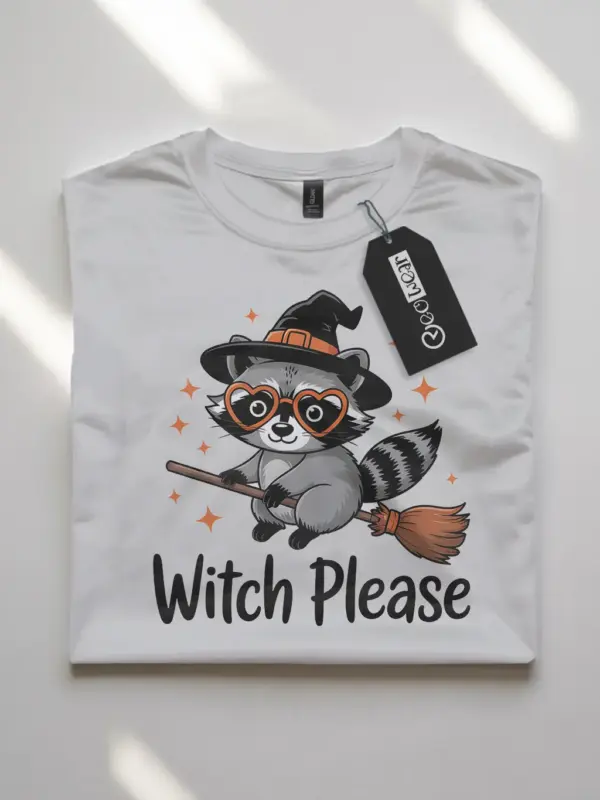 white flatlay front – Halloween Raccoon T-Shirt – witch please raccoon t-shirt