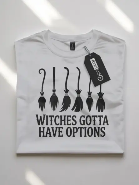 white flatlay funny witch broomstick t-shirt front – witches gotta have options