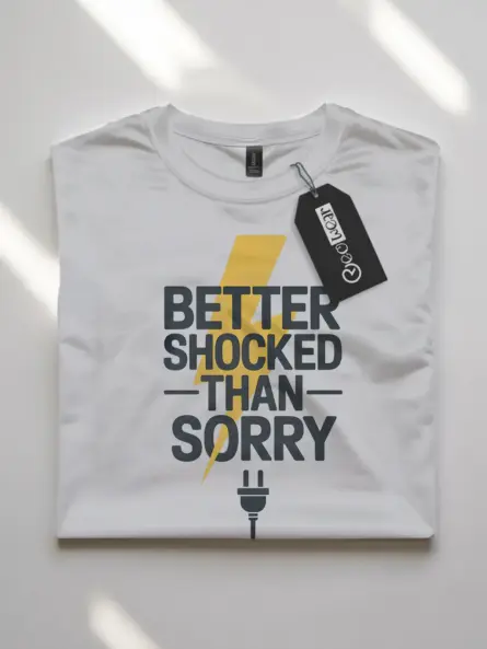 White Better Shocked Than Sorry Shirt flatlay – technical field apparel for electricians