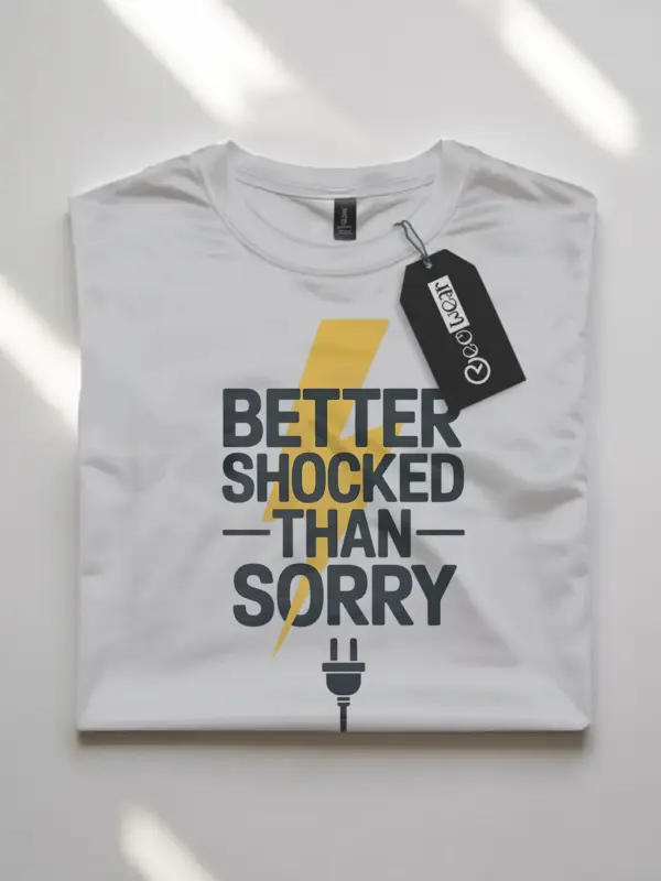 White Better Shocked Than Sorry Shirt flatlay – technical field apparel for electricians
