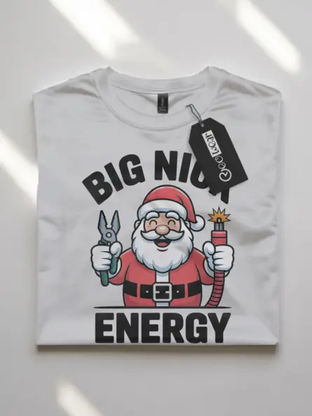 White Big Nick Energy Shirt – cartoon Santa electrician tee, holiday humor