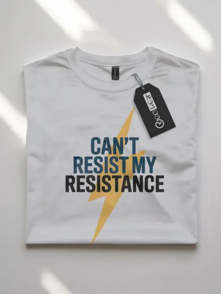 White Can’t Resist My Resistance Shirt Front – science pun electrician t-shirt, lightning bolt graphic